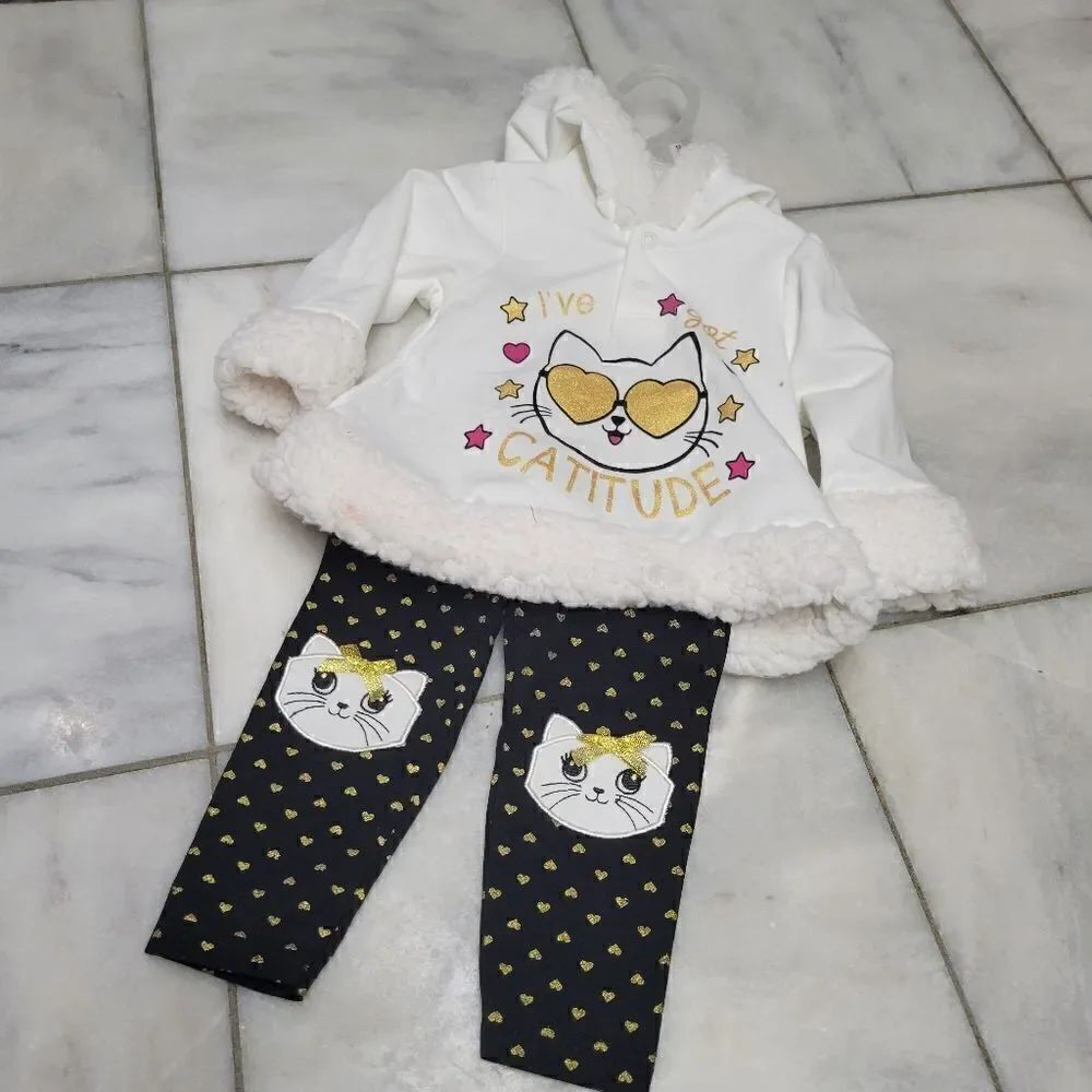 Baby Girls White Hoodie & Matching Heart Print Pants Set Size 12M NEW